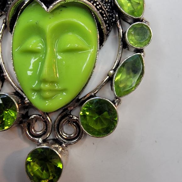 Sterling Silver Pendant with Green Carved Face and Lemon Quartz Accents - Picture 4 of 13
